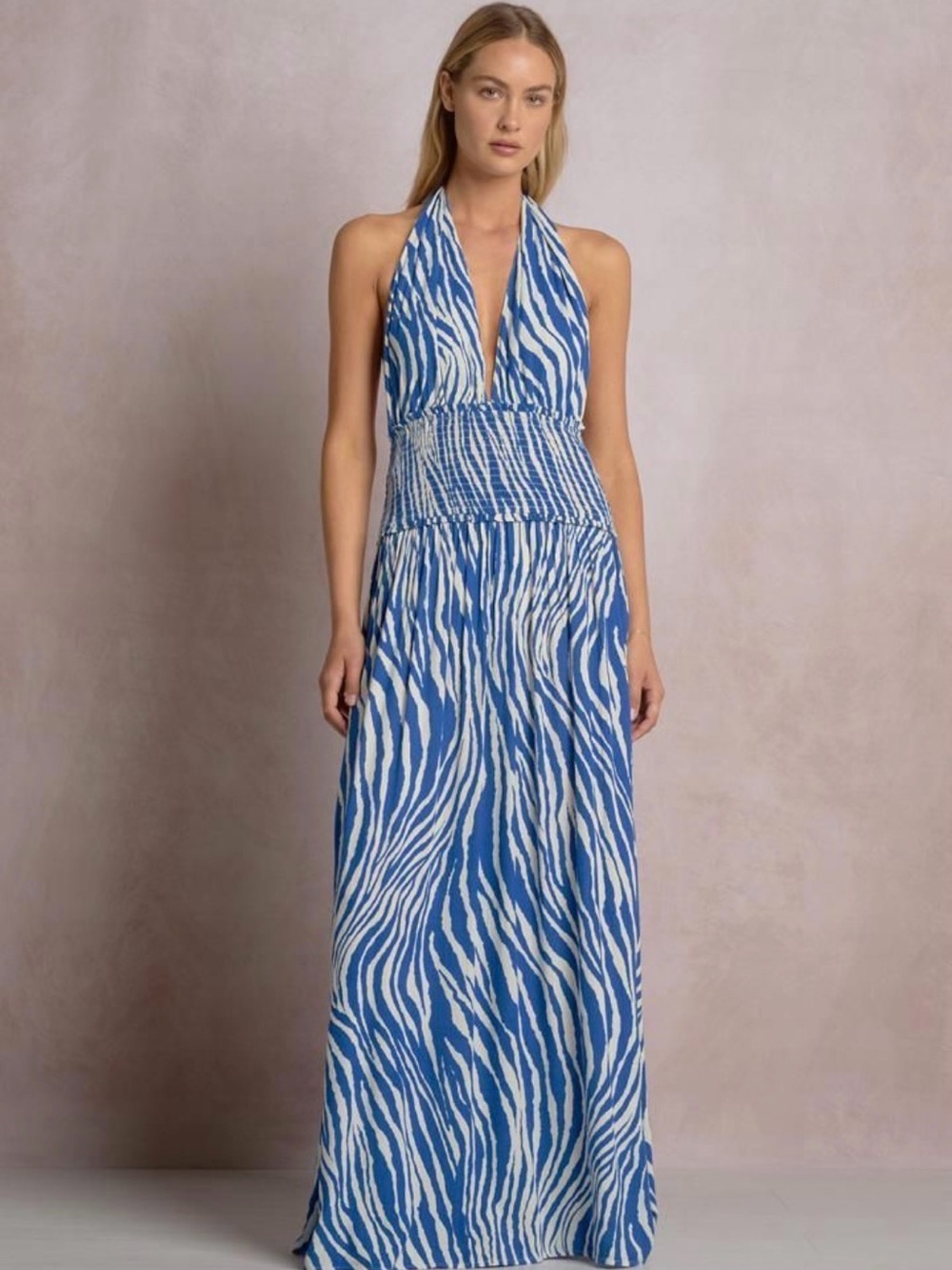 Elan Blue and White Halter Maxi Dress